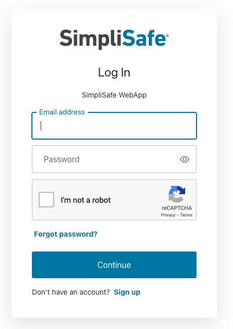 The SimpliSafe™ login screen